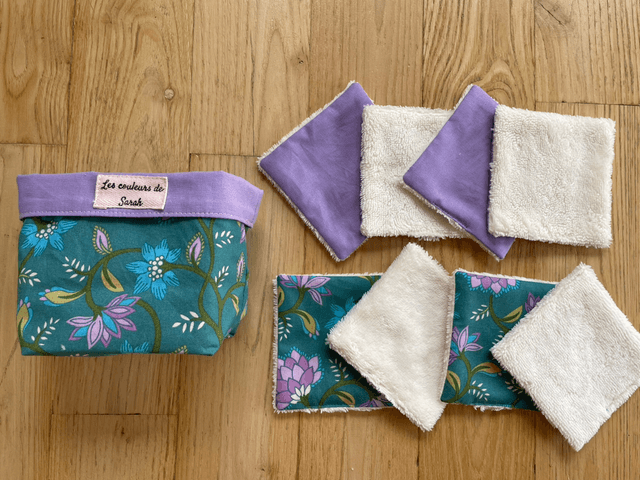 Lingettes lavables et Pochon lilas fleurs indiennes vertes 