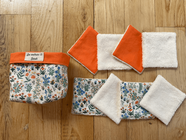 Lingettes lavables et Pochon orange fleurs des champs 