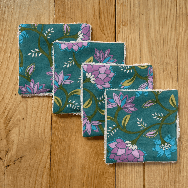 Lingettes lavables et Pochon lilas fleurs indiennes vertes 