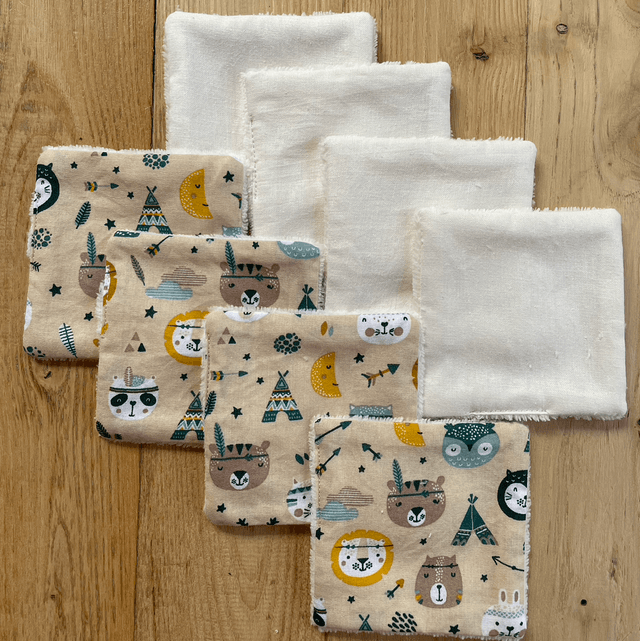 Lingettes lavables et Pochon écru animaux indiens 