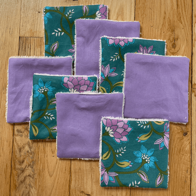 Lingettes lavables et Pochon lilas fleurs indiennes vertes 