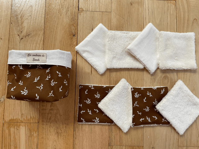 Lingettes lavables et Pochon écru feuilles marron 