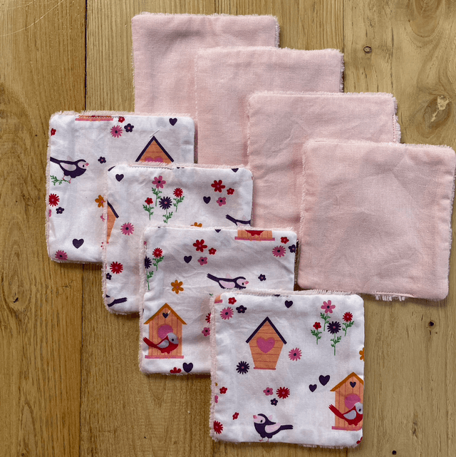 Lingettes lavables et pochon rose mésanges 