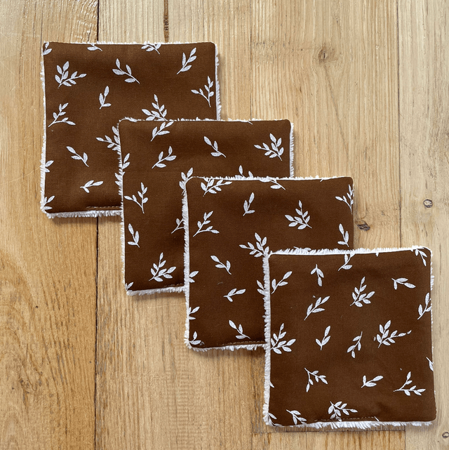 Lingettes lavables et Pochon écru feuilles marron 