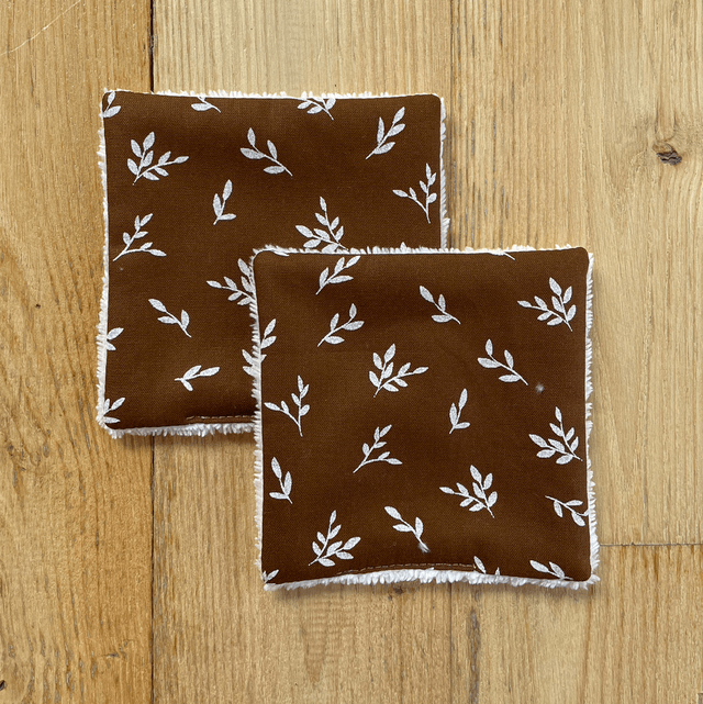 Lingettes lavables et Pochon écru feuilles marron 