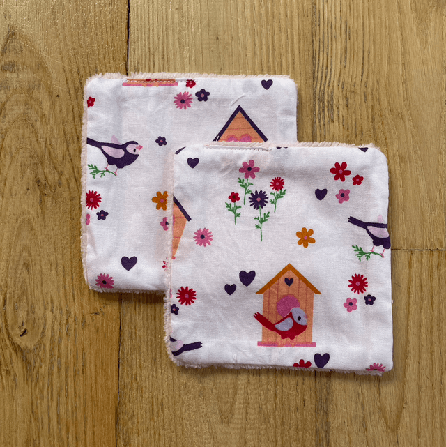 Lingettes lavables et pochon rose mésanges 