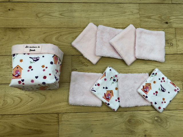 Lingettes lavables et pochon rose mésanges 