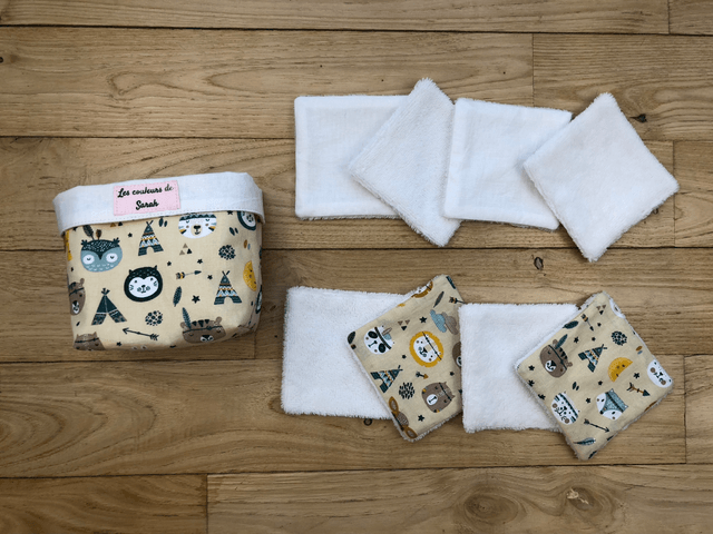 Lingettes lavables et Pochon écru animaux indiens 