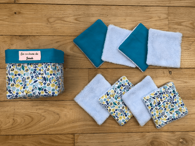 Lingettes lavables et Pochon bleu fleuri