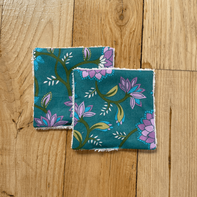 Lingettes lavables et Pochon lilas fleurs indiennes vertes 