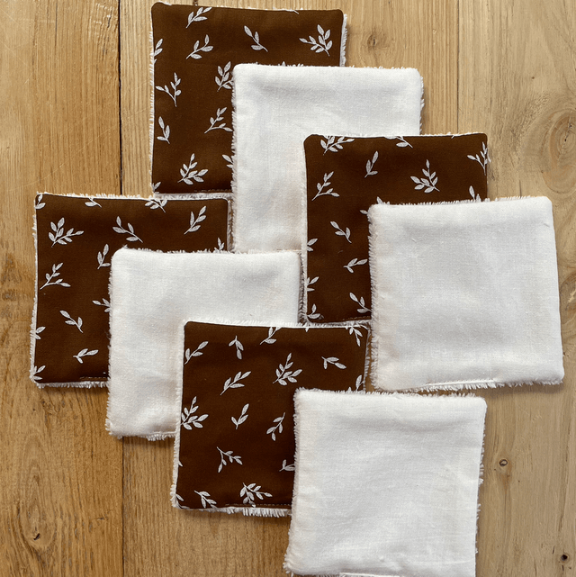 Lingettes lavables et Pochon écru feuilles marron 