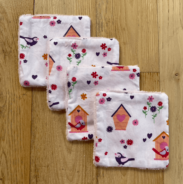 Lingettes lavables et pochon rose mésanges 