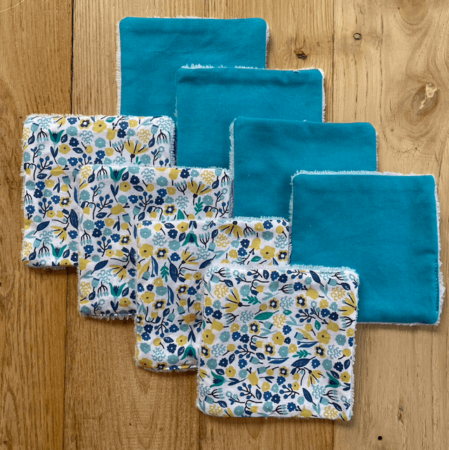 Lingettes lavables et Pochon bleu fleuri