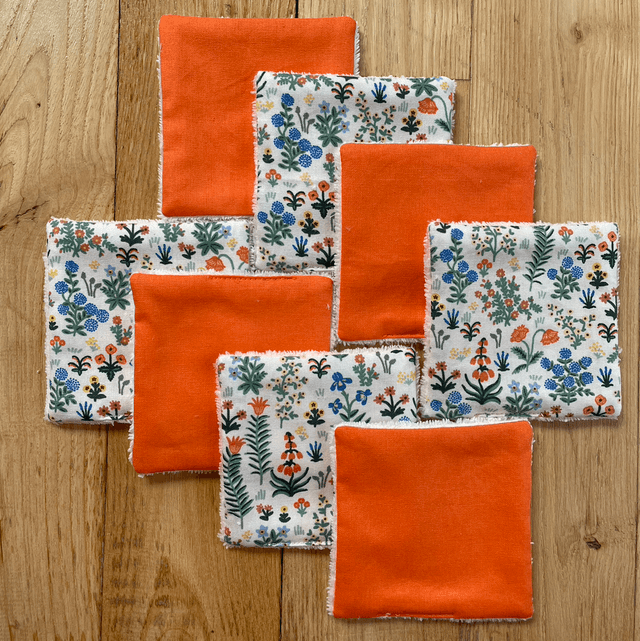 Lingettes lavables et Pochon orange fleurs des champs 