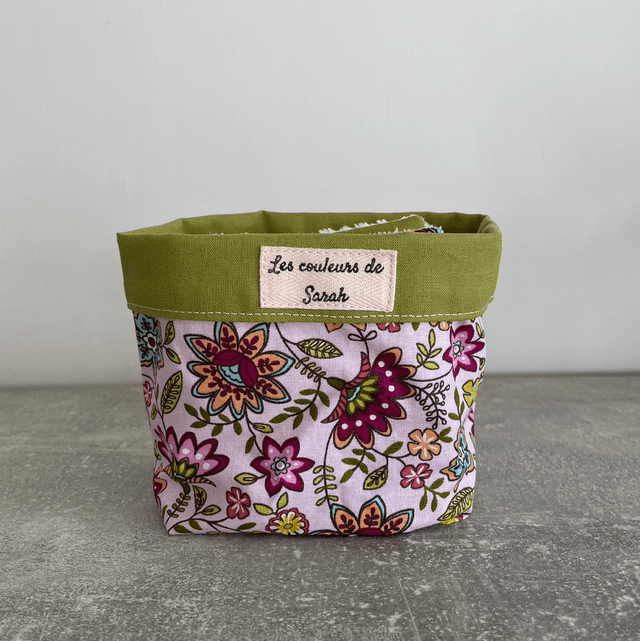 Lingettes lavables et Pochon vert et fleurs indiennes rose 