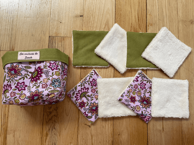 Lingettes lavables et Pochon vert et fleurs indiennes rose
