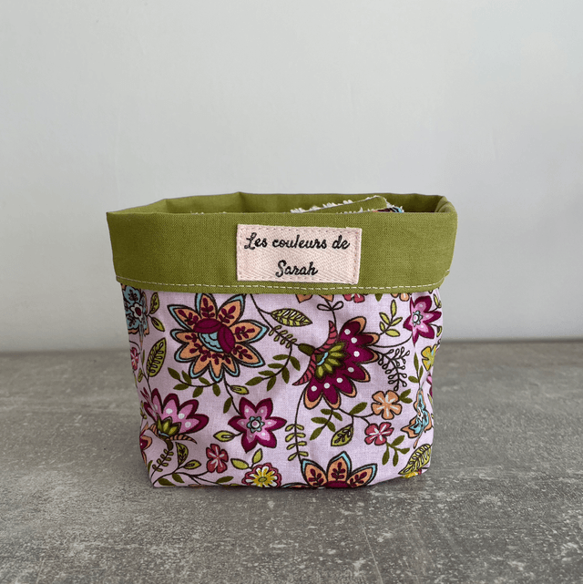 Lingettes lavables et Pochon vert et fleurs indiennes rose