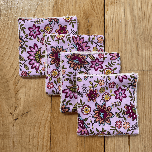 Lingettes lavables et Pochon vert et fleurs indiennes rose